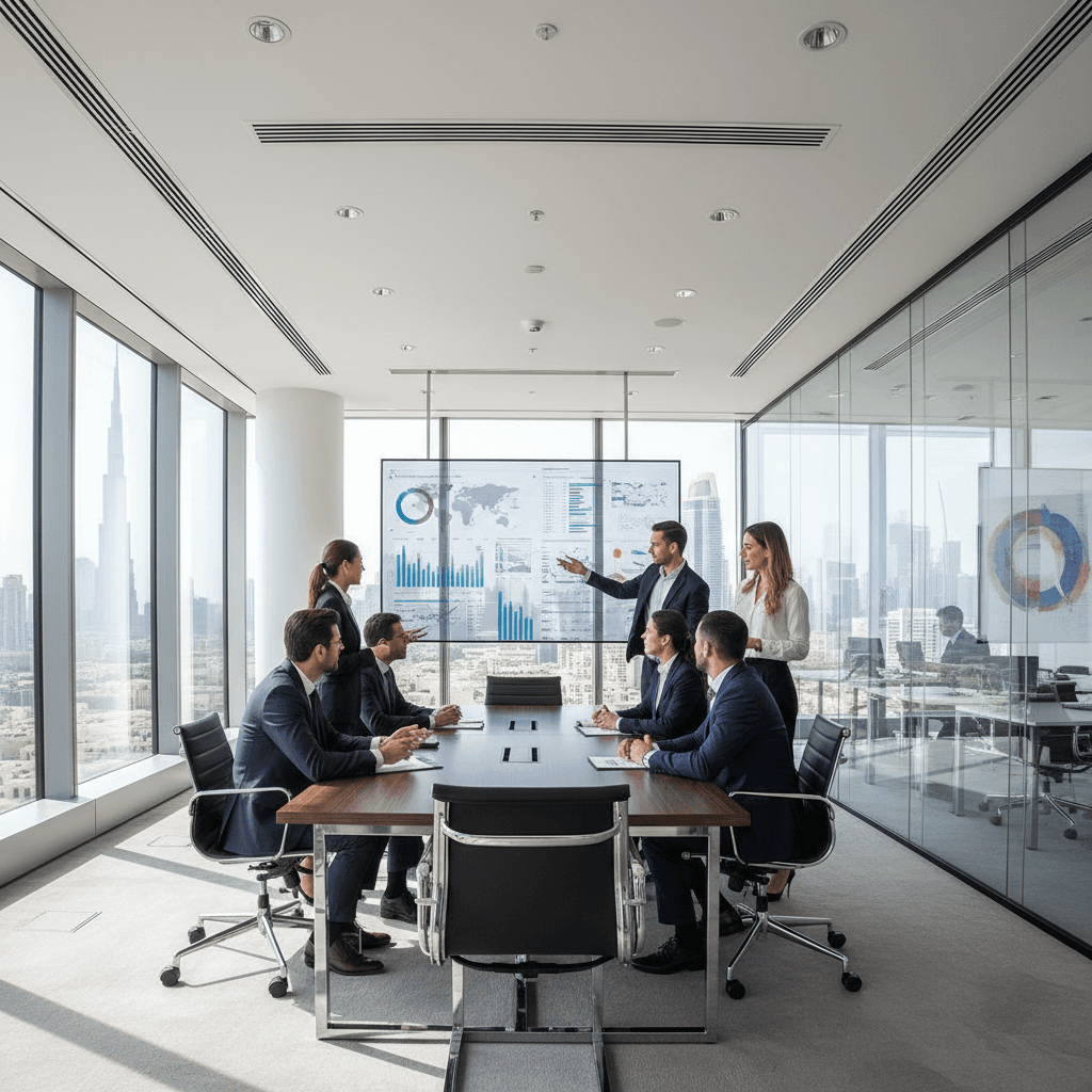 Professional business meeting in Dubai office showcasing skilled professionals eligible for golden visa