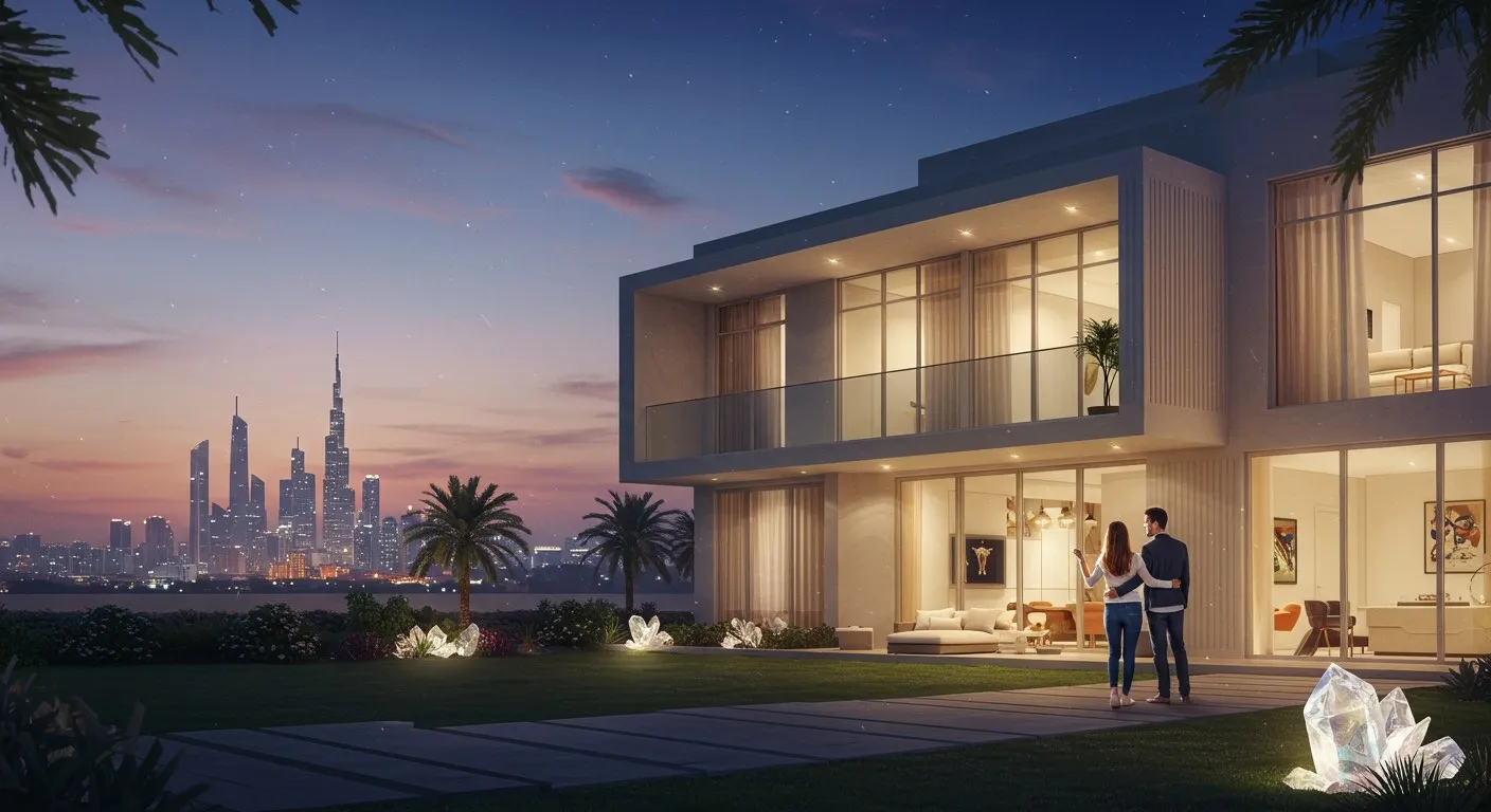 Luxury Dubai property interior with modern architecture and golden lighting